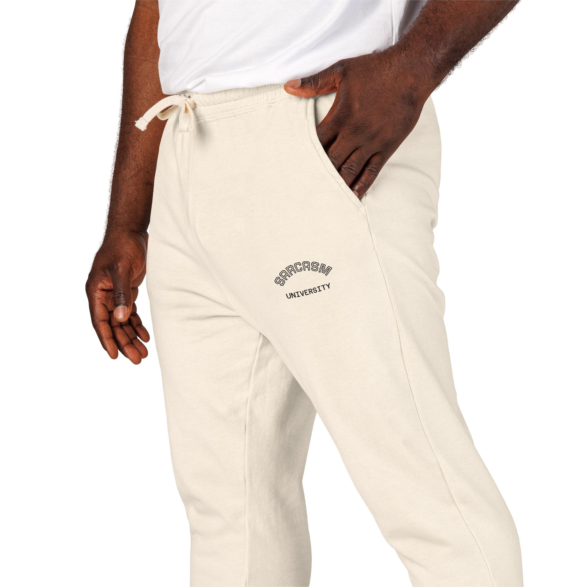 Unisex Sarcasm University  Sweatpants — Minimal Embroidered Logo Fleece Joggers