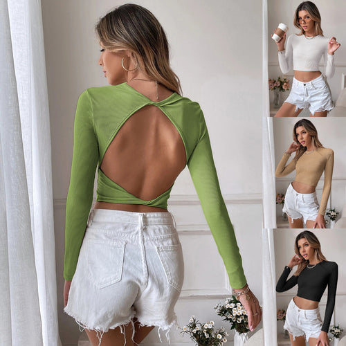 Cropped Slim Knit Cutout Back Long Sleeve Top
